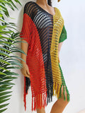 Fringe Color Block Scoop Neck Cover Up - Hovatok