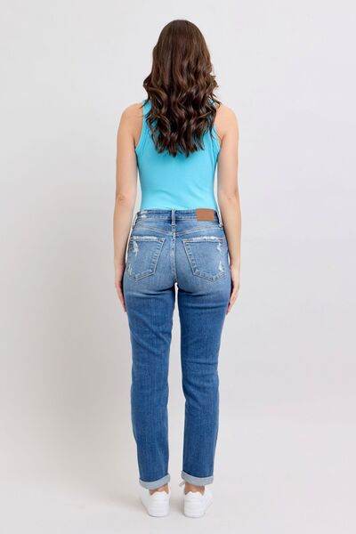 Judy Blue Full Size Button Fly Distressed Jeans with Pockets Plus Size - Hovatok