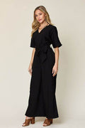 Double Take Full Size V-Neck Tied Side Slit Jumpsuit - Hovatok