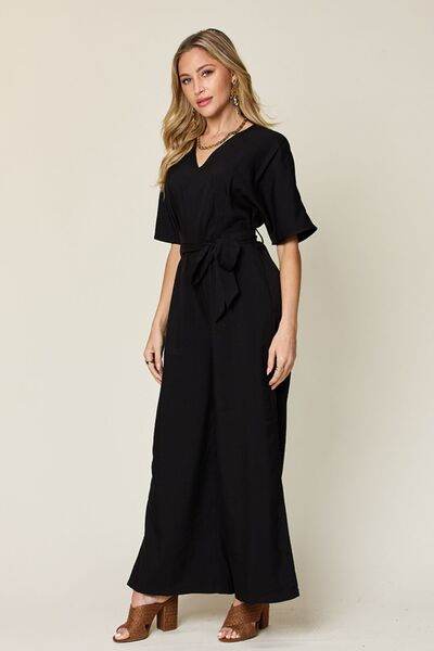 Double Take Full Size V-Neck Tied Side Slit Jumpsuit - Hovatok