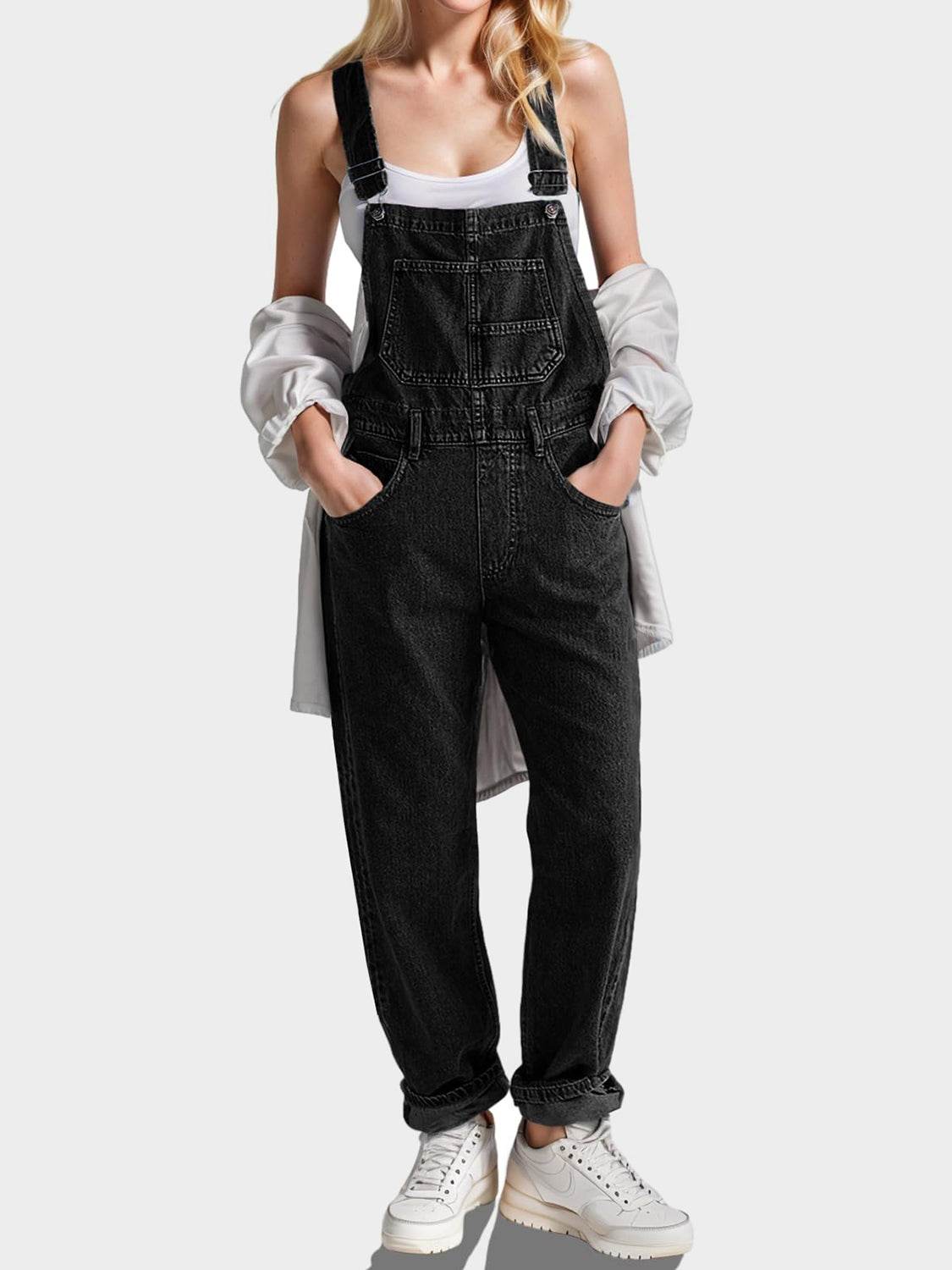 Square Neck Wide Strap Denim Overalls - Hovatok