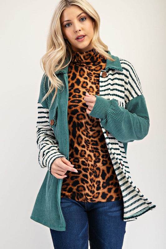 Celeste Full Size Striped Button Up Dropped Shoulder Shacket - Hovatok