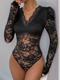 Perfee Lace V-Neck Long Sleeve Bodysuit - Hovatok