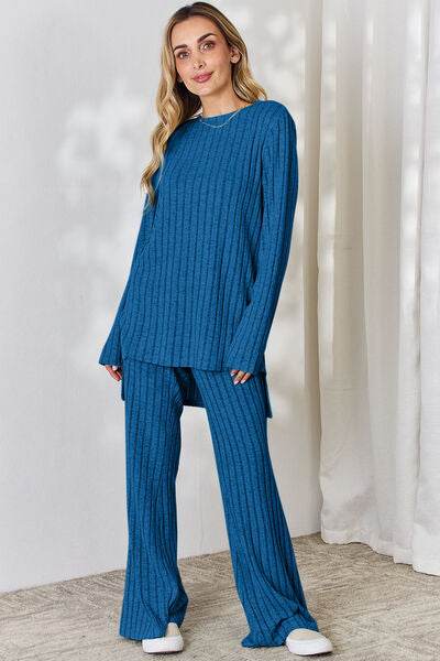Basic Bae Full Size Ribbed High-Low Top and Wide Leg Pants Set - Hovatok