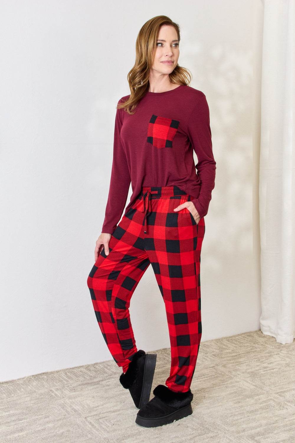 Zenana Full Size Plaid Round Neck Top and Pants Pajama Set - Hovatok