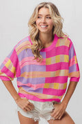 BiBi Multi Color Striped Round Neck Knit Top - Hovatok