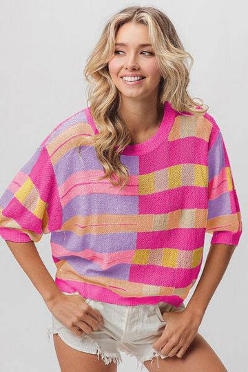 BiBi Multi Color Striped Round Neck Knit Top - Hovatok
