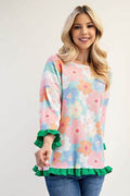 Celeste Full Size Floral Ruffle Hem Round Neck Blouse Plus Size - Hovatok