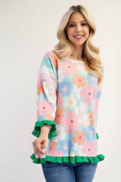 Celeste Full Size Floral Ruffle Hem Round Neck Blouse Plus Size - Hovatok