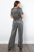 Be Stage Surplice Short Sleeve Pleated Foil Jumpsuit - Hovatok