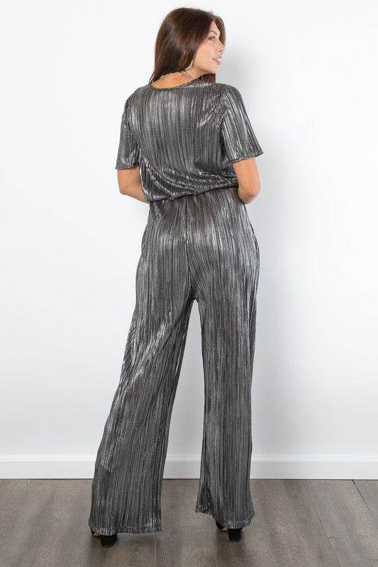 Be Stage Surplice Short Sleeve Pleated Foil Jumpsuit - Hovatok