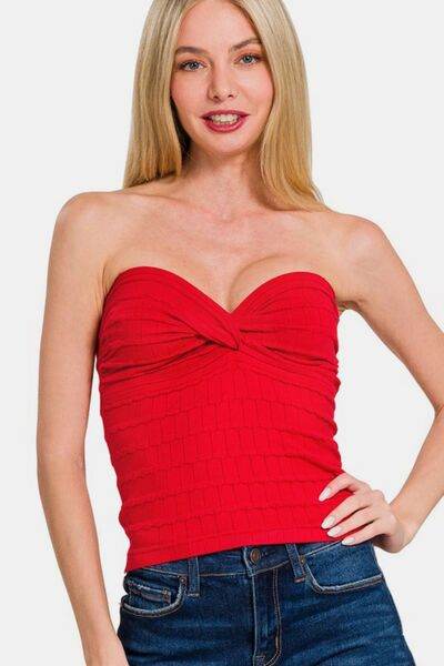 Zenana Ruched Twisted Sweetheart Neck Top - Hovatok