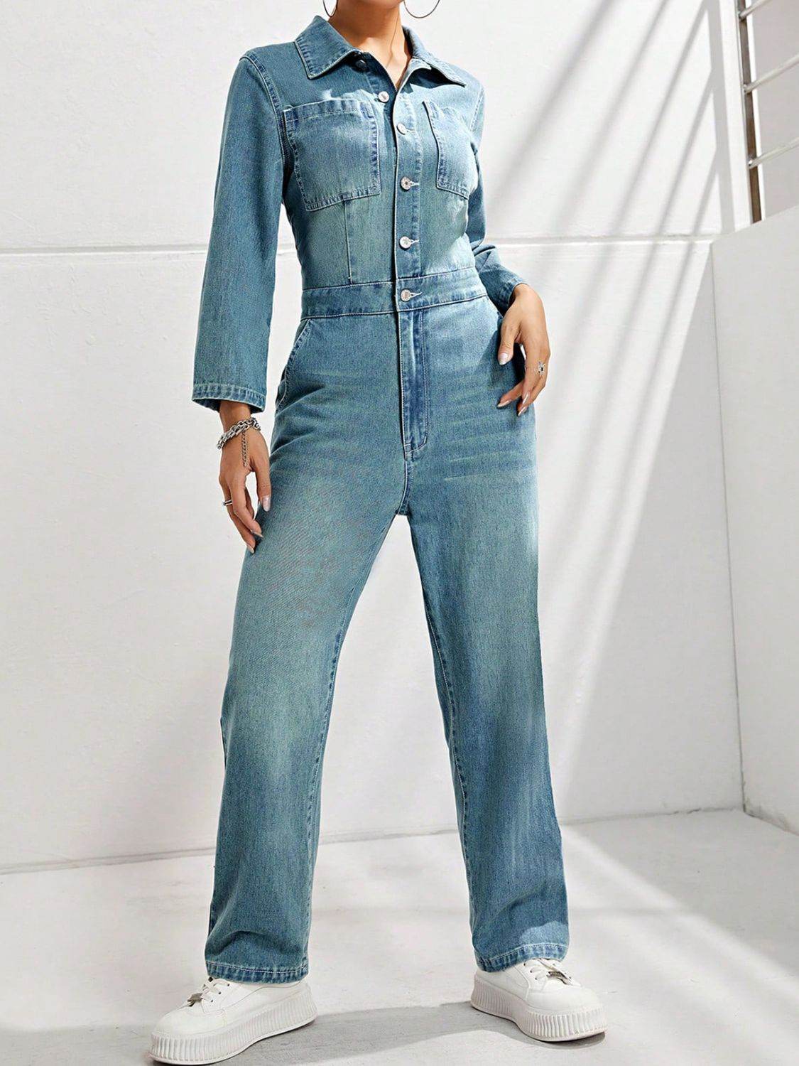 Half Button Long Sleeve Straight Leg Denim Jumpsuit - Hovatok