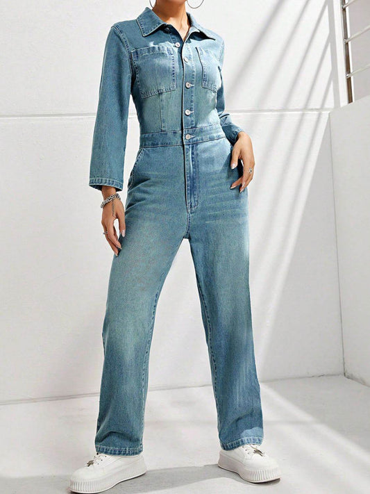 Half Button Long Sleeve Straight Leg Denim Jumpsuit - Hovatok