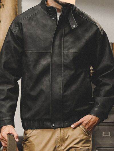 Men's Plus Size Zip Up Stand Collar Biker Jacket - Hovatok
