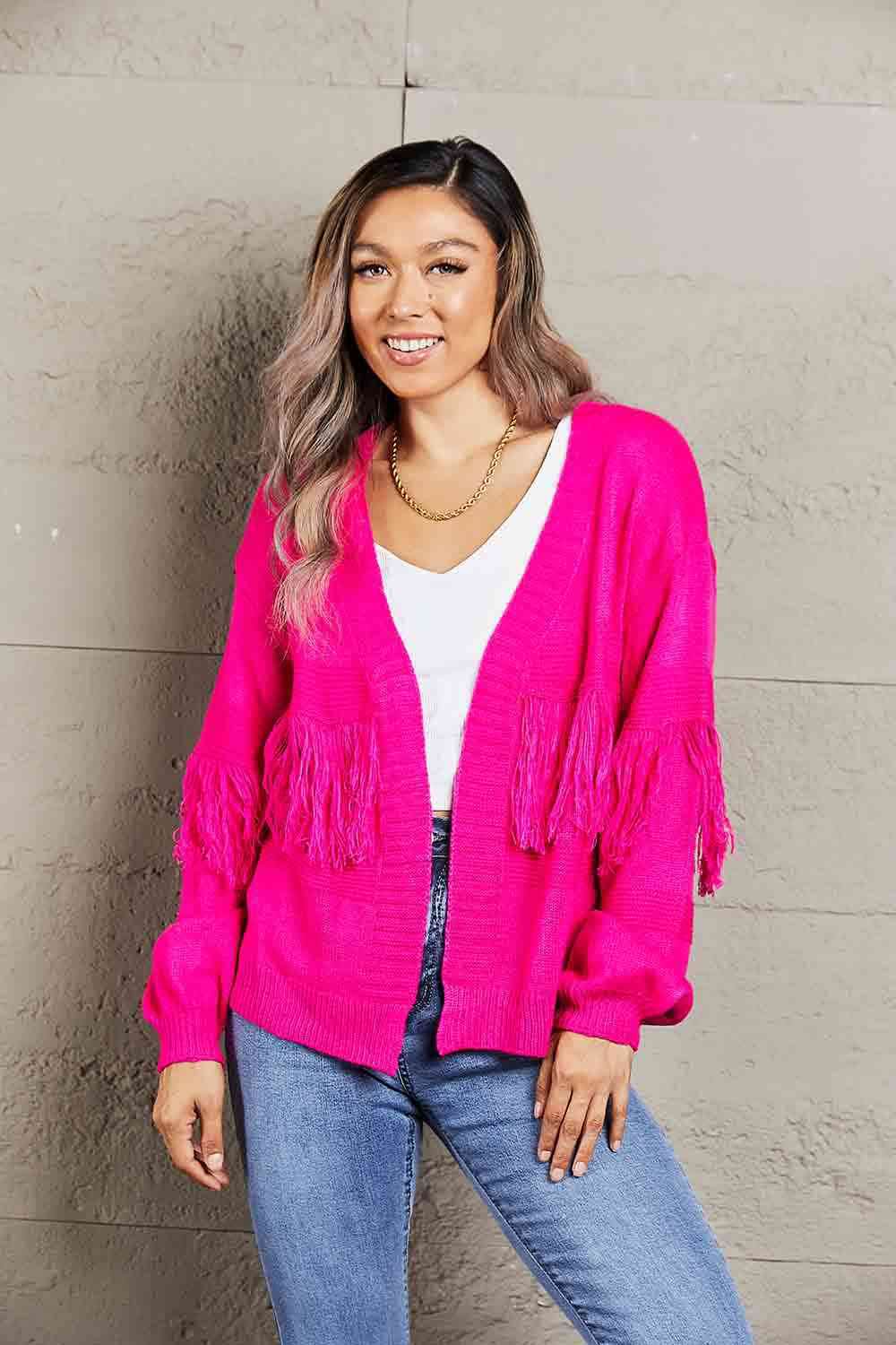Angel Wings Fringe Trim Open Front Cardigan - Hovatok