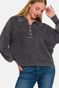 Zenana Washed Half Button Long Sleeve Sweater - Hovatok