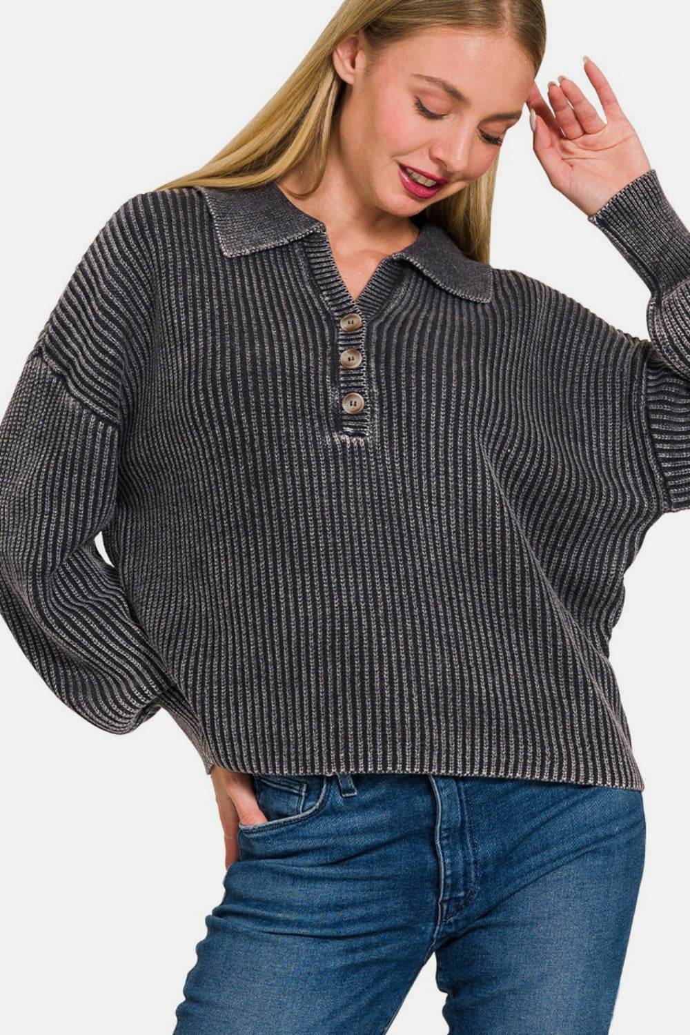 Zenana Washed Half Button Long Sleeve Sweater - Hovatok
