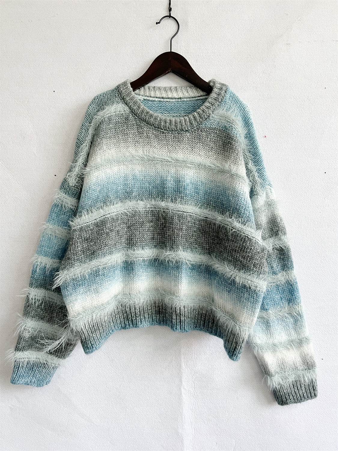 Striped Round Neck Long Sleeve Sweater - Hovatok