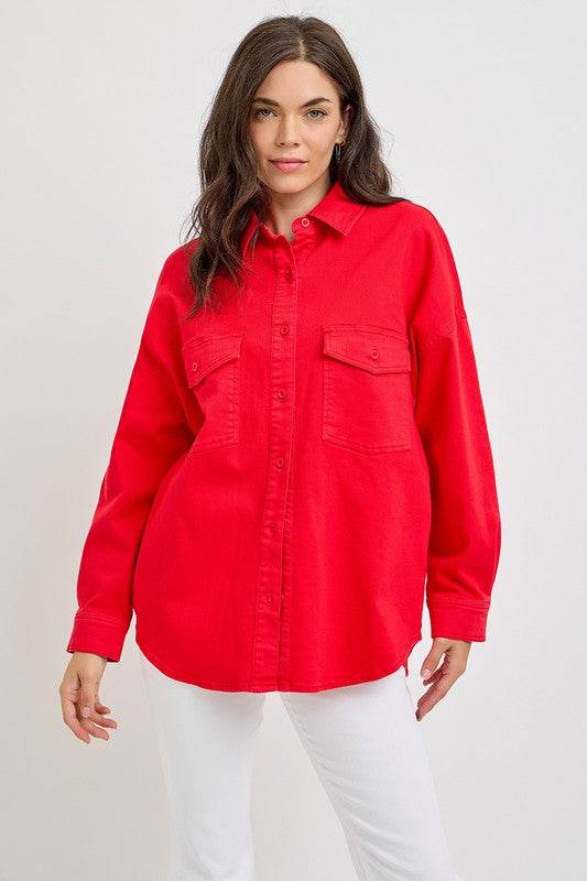 RISEN Button Down Long Sleeve Denim Shacket with Chest Pockets - Hovatok