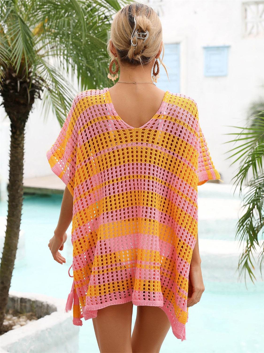 Angel Wings Tassel Openwork Striped V-Neck Cover Up - Hovatok