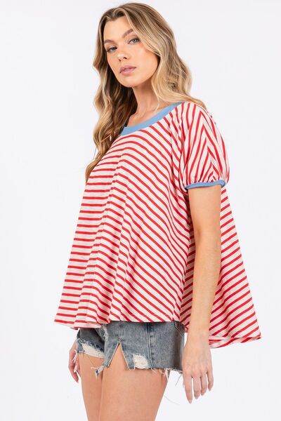 Ces Femme Striped Round Neck Short Sleeve T-Shirt - Hovatok
