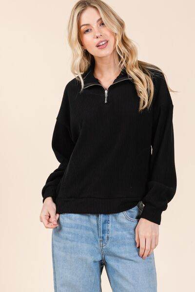 BOMBOM Quarter Zip Long Sleeve Sweatshirt with Pockets - Hovatok