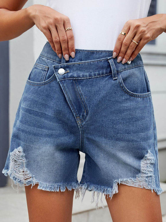 Distressed Raw Hem Asymmetrical Waist Denim Shorts - Hovatok