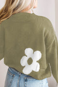Round Neck Floral Pattern Color Contrast Design Long Sleeve Sweater - Hovatok