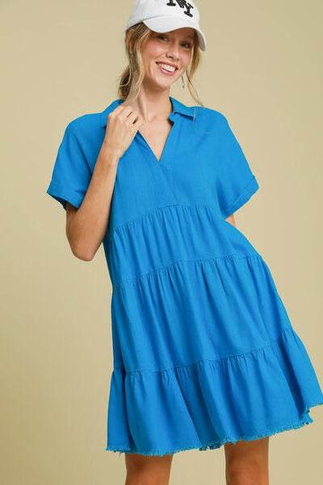 Umgee Full Size Raw Hem Folded Sleeve Tiered Dress Plus Size - Hovatok