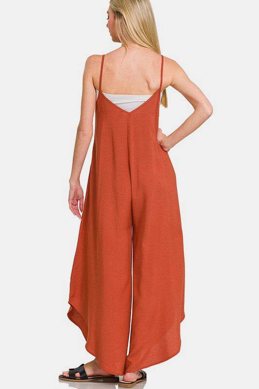Zenana Spaghetti Strap Wide Leg Overalls with Pockets - Hovatok
