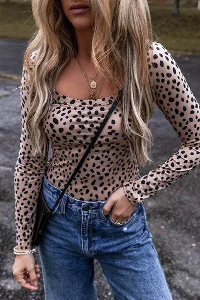 Animal Print Scoop Neck Long Sleeve Bodysuit - Hovatok
