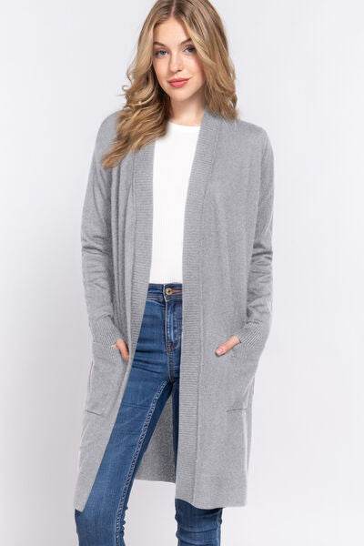 ACTIVE BASIC Open Front Rib Trim Long Sleeve Knit Cardigan - Hovatok