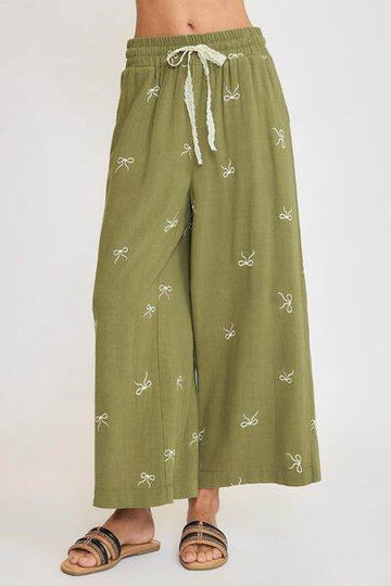 Umgee Full Size Lace Drawstring Embroidered Bow Wide Leg Pants Plus Size - Hovatok