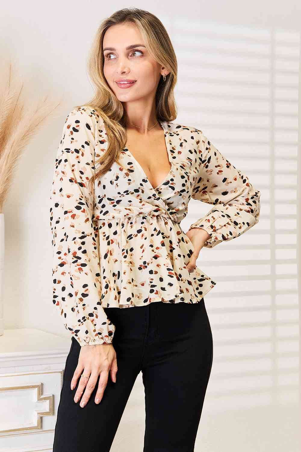 Honey Printed Tied Plunge Peplum Blouse - Hovatok