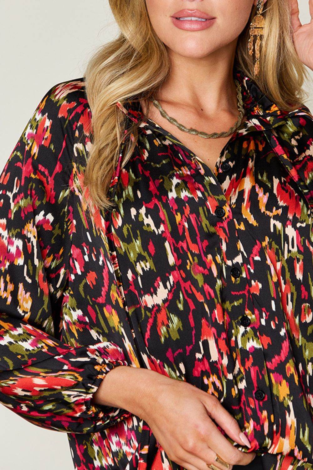 Double Take Full Size Printed Button Up Long Sleeve Shirt - Hovatok