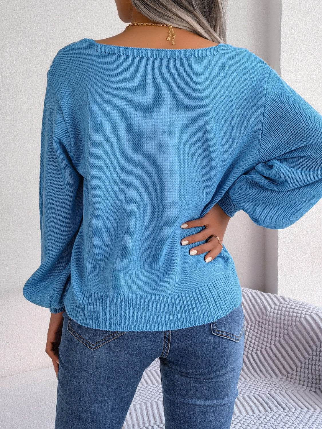 Cable-Knit Square Neck Long Sleeve Sweater - Hovatok
