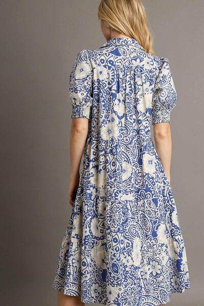 Umgee Full Size Printed Smocked Cuff Puff Sleeve Midi Dress Plus Size - Hovatok