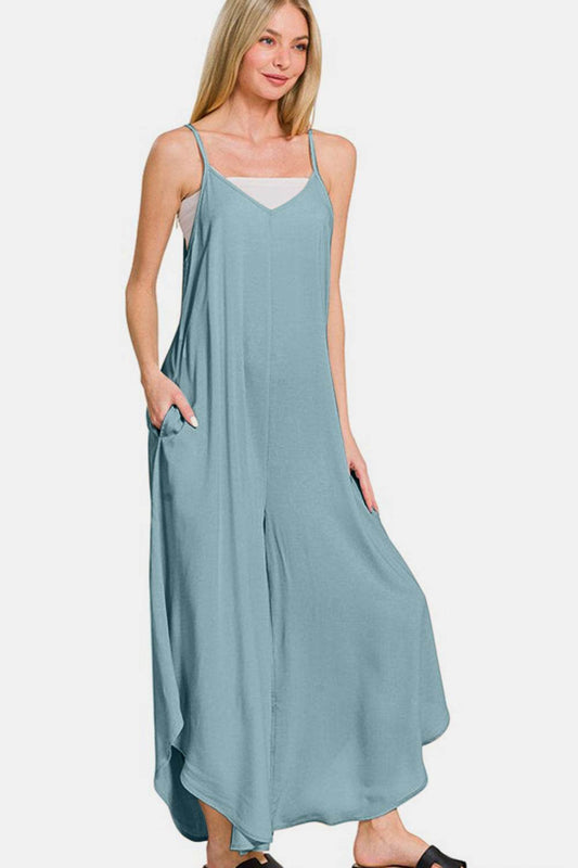 Zenana Spaghetti Strap Wide Leg Overalls with Pockets - Hovatok