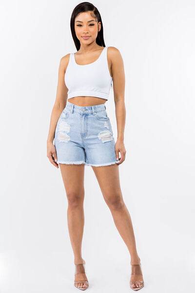 American Bazi High Waist Distressed Raw Hem Denim Shorts - Hovatok