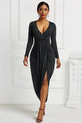 High-low Ruched Surplice Long Sleeve Dress - Hovatok