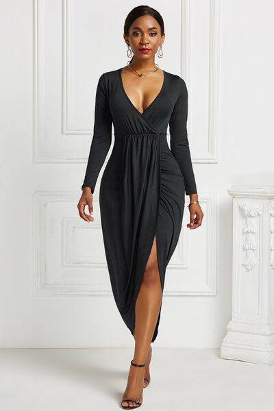 High-low Ruched Surplice Long Sleeve Dress - Hovatok