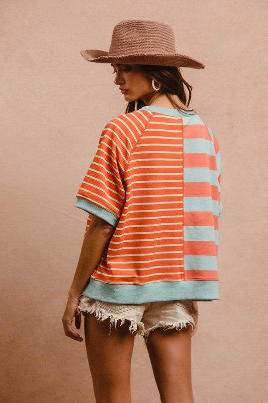 BiBi Striped Round Neck Half Sleeve French Terry Top - Hovatok