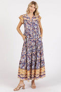Mittoshop Floral Ruffled Notched Cap Sleeve Maxi Dress - Hovatok