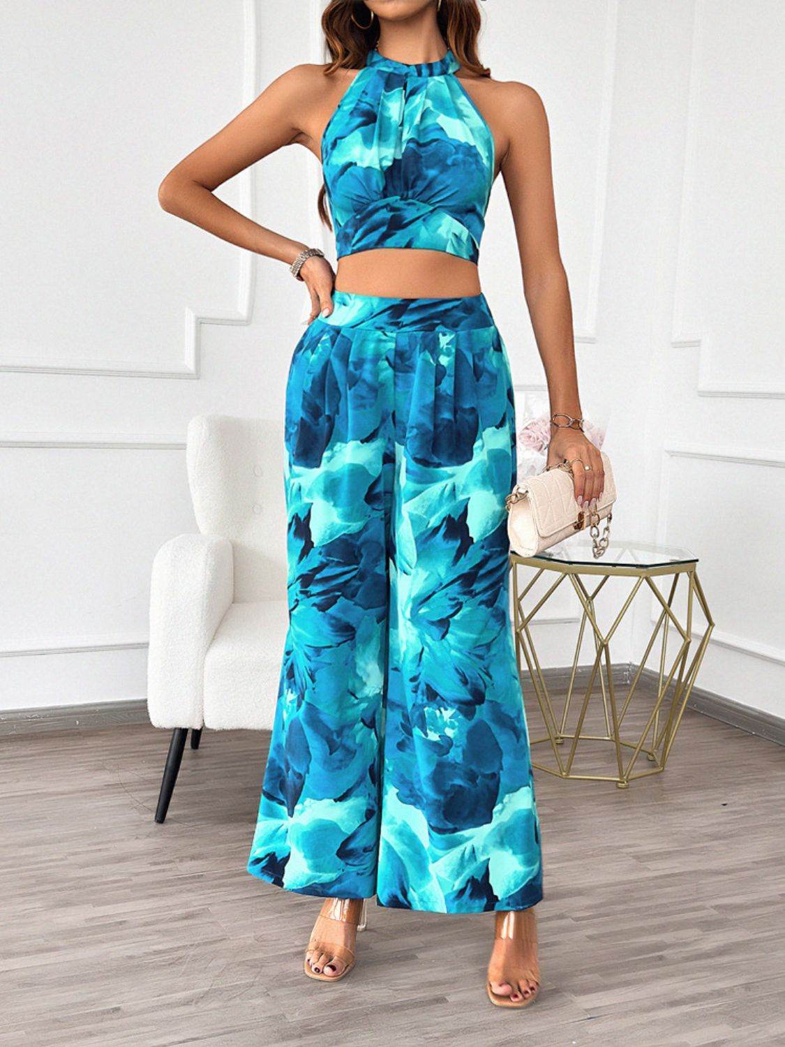 Devine Printed Halter Neck Top and Pants Set - Hovatok