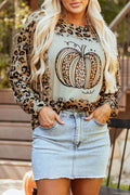 Pumpkin Graphic Leopard Round Neck Long Sleeve Sweatshirt - Hovatok