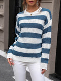 Perfee Striped Round Neck Dropped Shoulder Sweater - Hovatok