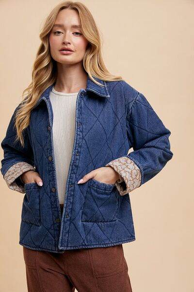 Annie Wear Quilted Printed Lining Snap Down Denim Jacket - Hovatok