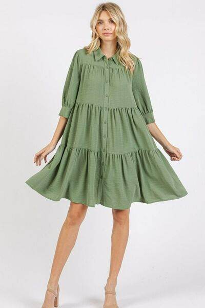 Mittoshop Button Detail Collared Neck Tiered Shirt Dress - Hovatok
