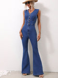 V-Neck Sleeveless Denim Jumpsuit - Hovatok